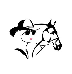 beautiful cowgirl woman wearing cowboy hat and sunglasses by bridled horse head vector outline portrait