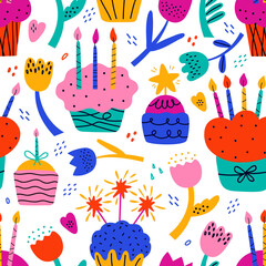 Happy birthday abstract seamless pattern. Colorful shapes and elements on white background. Doodle icons. Bday cake, flowers, heart, star, dots. Hand drawn modern vector illustration in pop art style