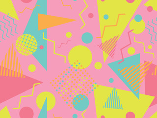 Memphis seamless pattern with geometric shapes in 80s and 90s style. Geometric shapes of different shapes and colors. Design of promotional products, wrapping paper and printing. Vector illustration