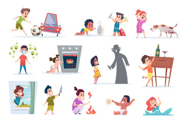 Dangerous situation for kids. Boys and girl playing with electricity holding knife eating drugs pills mortality for children caution strangers exact vector cartoon characters