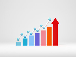 3D rendering, 3D illustration. Growing graph bar diagram on white background. minimalist graph of income growth.