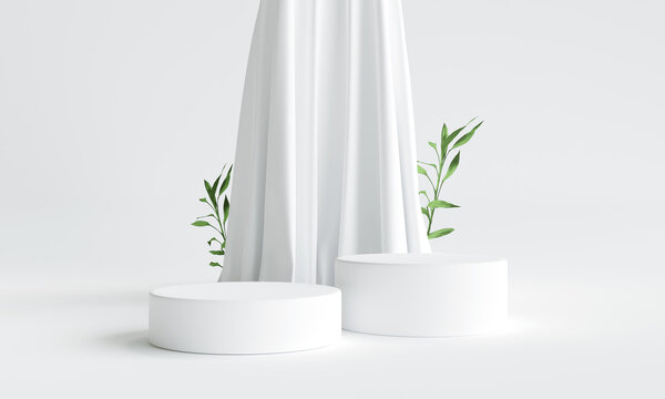 white podium with fabric on background for product presentation. Natural beauty pedestal, relaxation and health, 3d illustration