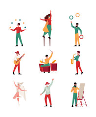 Urban festival. Outdoor characters on street performance dancers musicians fire shows clowns garish vector pictures set