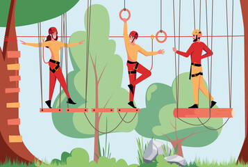 Forest rope games. Attraction for kids climbing characters on walking rope garish vector cartoon background