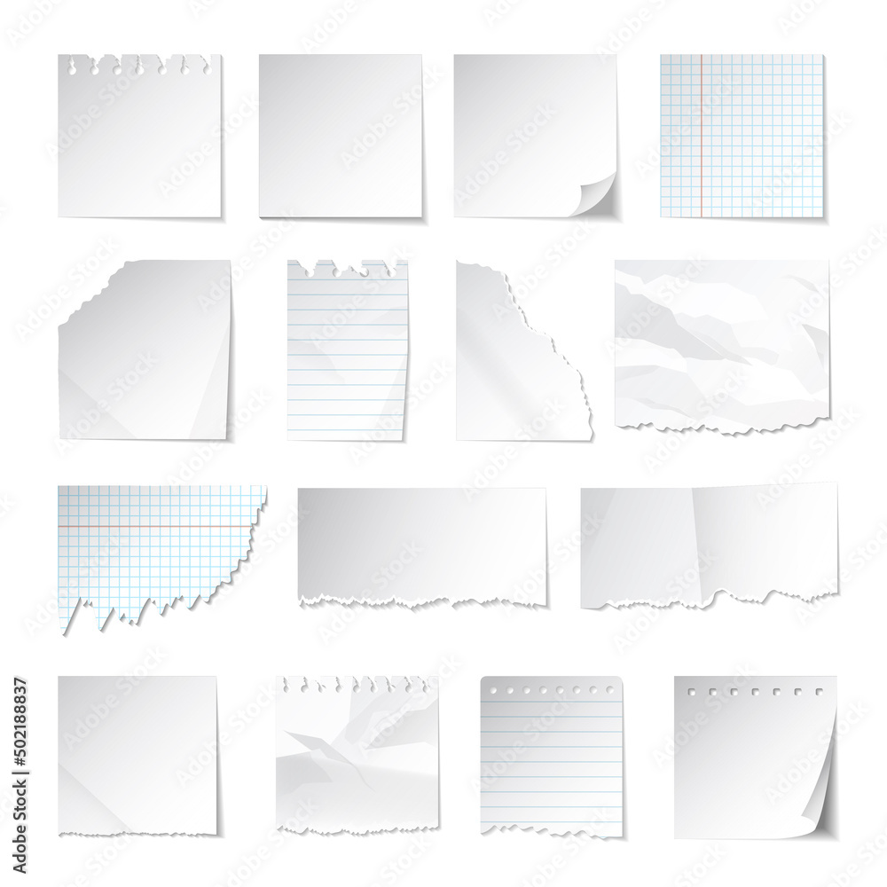Poster notes paper. realistic geometrical notepad papers with sticky tape torn and crumpled corners recent 
