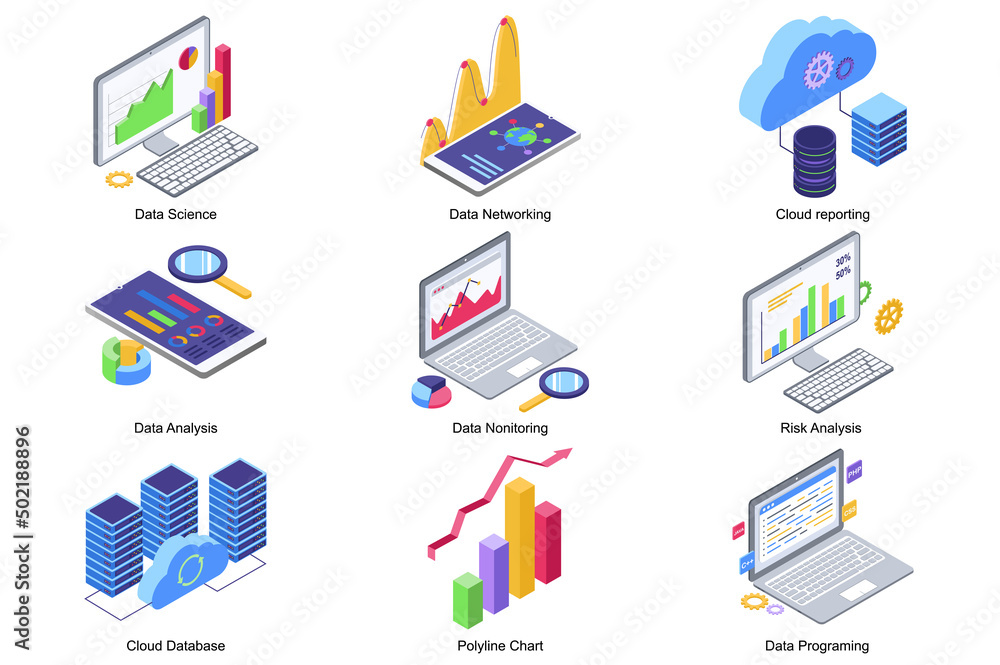Poster Data science concept 3d isometric icons set. Pack elements of networking, cloud reporting, risk analysis, monitoring , database, chart and programming. Vector illustration in modern isometry design