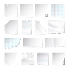 Notes paper. Realistic geometrical notepad papers with sticky tape torn and crumpled corners recent vector templates