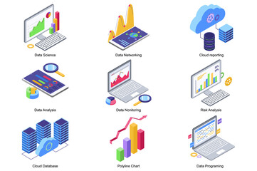 Data science concept 3d isometric icons set. Pack elements of networking, cloud reporting, risk analysis, monitoring , database, chart and programming. Vector illustration in modern isometry design