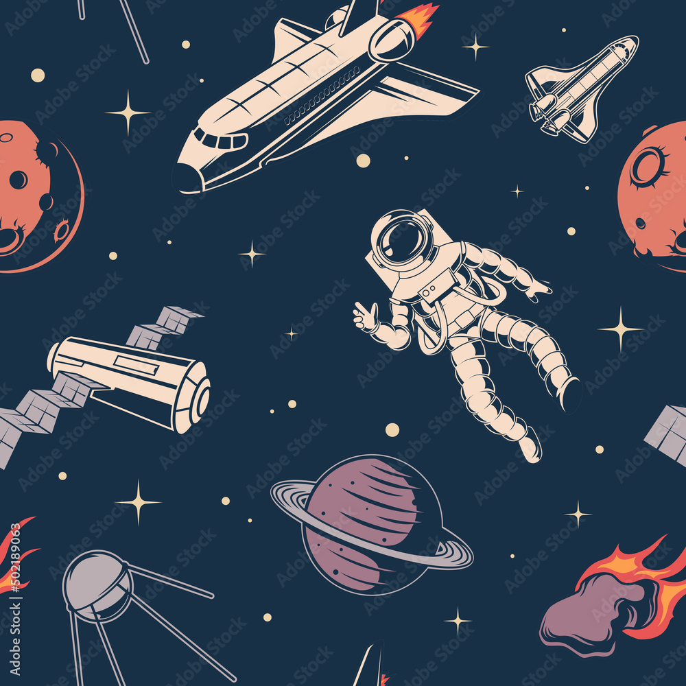 Aufkleber space universe pattern. mars exploration symbols astronaut adventure in space helmet and suit rocket