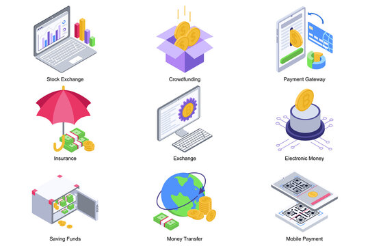 Fintech concept 3d isometric icons set. Pack elements of stock exchange, crowdfunding, payment gateway, insurance, electronic money, saving funs, money. Vector illustration in modern isometry design