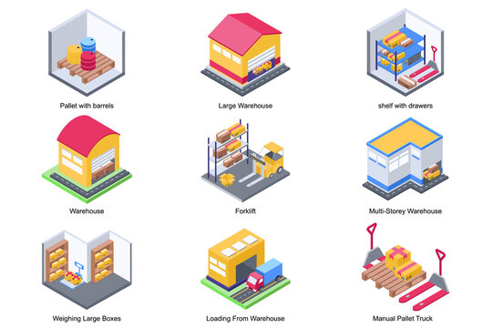 Warehouse concept 3d isometric icons set. Pack elements of pallet with barrels, shelves, forklift, weighing large boxes, loading, manual pallet truck. Vector illustration in modern isometry design