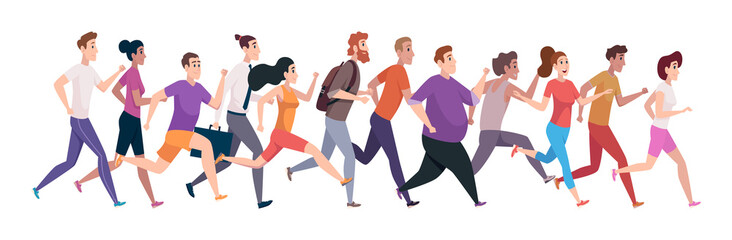 Fototapeta na wymiar Crowd running. Outdoor jogging people healthy lifestyle sport persons exact vector cartoon illustrations