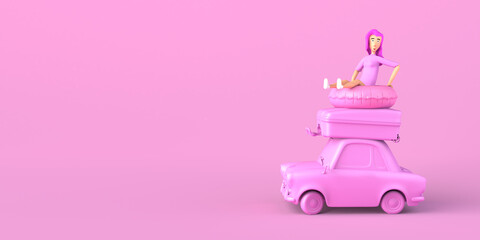 Summer vacation concept with car, suitcase and woman sitting on inflatable ring float. Copy space. 3D illustration.
