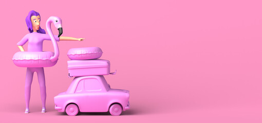 Woman with flamingo float pointed next to car with suitcase. Concept of summer vacation. Copy space. 3D illustration.
