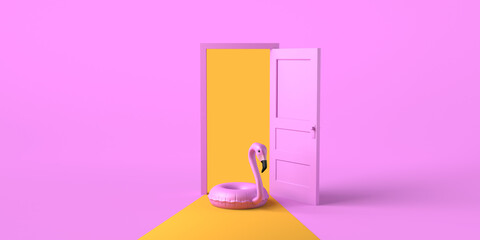 Summer concept with open door and flamingo float. Copy space. 3D illustration.