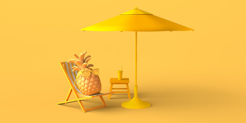 Summer vacation concept with pineapple with sunglasses on beach chair with soda and umbrella. Copy space. 3D illustration.
