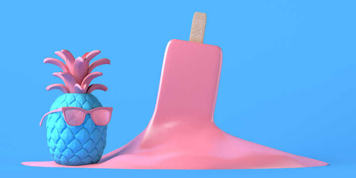 Pineapple with sunglasses next to melted ice cream. Summer concept. Copy space. 3D illustration.