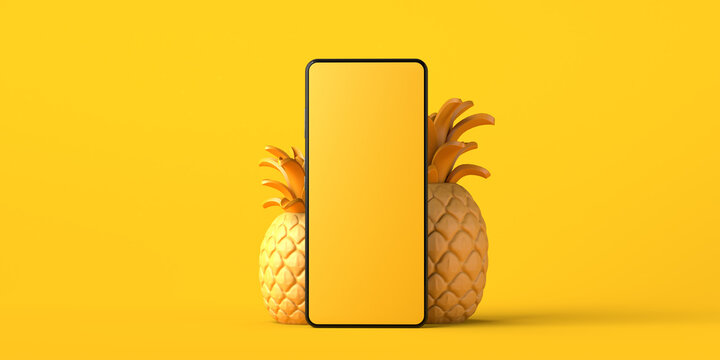 Online summer vacation booking concept with smartphone and pineapples. Copy space. 3D illustration.