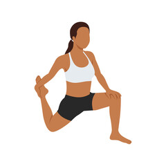 woman doing low lunge quad stretch pose anjaneyasana exercise. Flat vector illustration isolated on white background - obrazy, fototapety, plakaty