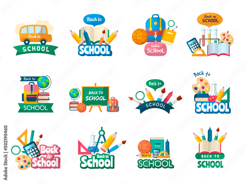 Poster school emblems. back to school labels with place for text recent vector colored emblems
