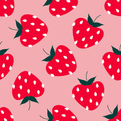 Cute big red round strawberries on pink. Fresh summer vibrant fruits, berries. Red berries, fruits. Berry pattern design for textile, web banner, cards. Hand drawn modern strawberry seamless pattern