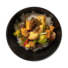 Isolated bowl of asian rice dish with meat and tofu