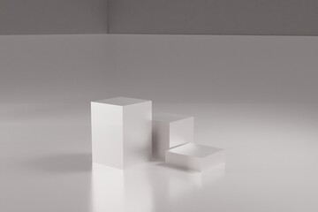 3d rendering Three white cube podium for product display. scene with geometrical forms. empty showcase