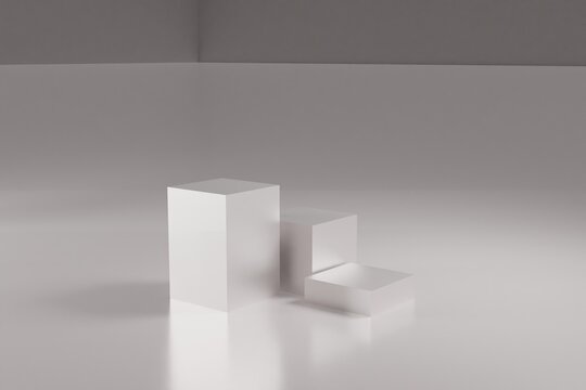3d rendering Three white cube podium for product display. scene with geometrical forms. empty showcase © Vic