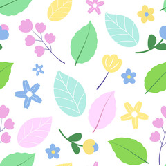 Hand drawn seamless pattern with decorative flowers and plants on a white background. Vector Illustration	