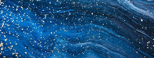 Fluid Art acrylic paints. Abstract mixing blue navi paint waves. Liquid golden flows splashes....