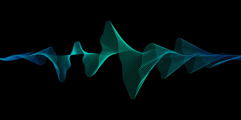 Abstract dark blue background. Vector sound wave lines dynamic in blue green color light flowing isolated on black background for concept of music, sound, technology, energy, modern, science.