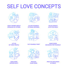 Self love blue gradient concept icons set. Care about personal mental wellness idea thin line color illustrations. Leaving toxic people. Isolated symbols. Roboto-Medium, Myriad Pro-Bold fonts used