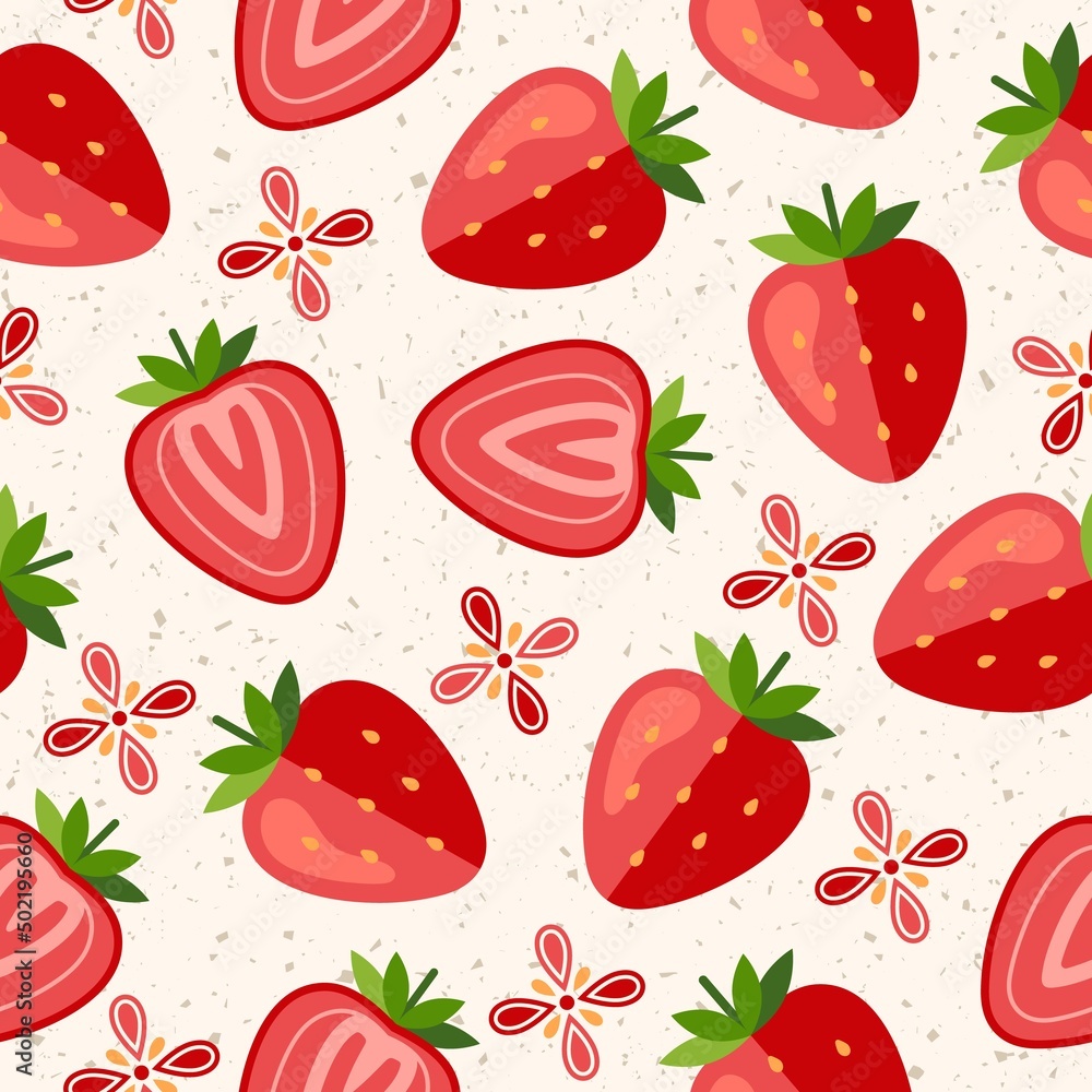 Poster pattern with ripe whole strawberries and slices of berries on textured background with small particl