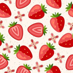 Pattern with ripe whole strawberries and slices of berries on textured background with small particles like dust, motes. SImple bright illustration. For decoration of food package, decorative prints