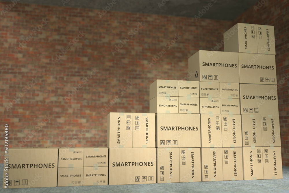 Aufkleber many cardboard boxes with smartphones text compose a rising chart. business growth conceptual 3d ren