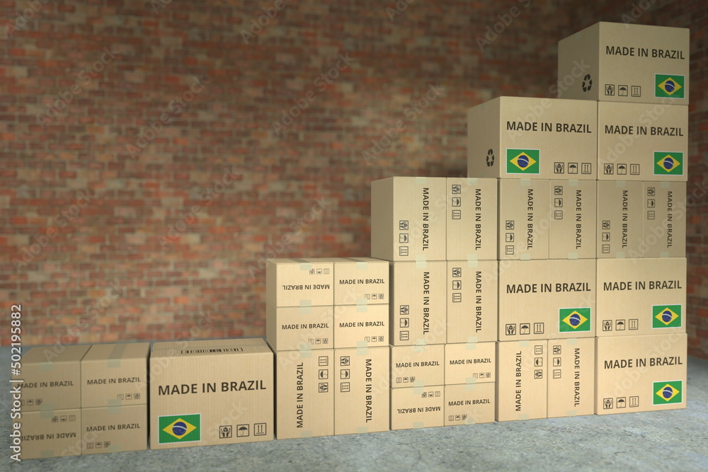 Aufkleber stacks of boxes with made in brazil text make up a rising chart, business success related conceptual