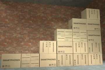 Many cardboard boxes with SMARTPHONES text compose a rising chart. Business growth conceptual 3D rendering