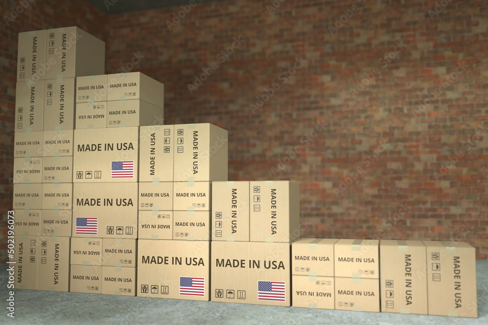 Poster declining bar chart made with boxes with made in usa text. conceptual 3d rendering