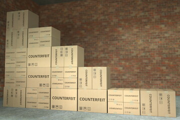 Declining bar chart made with boxes with counterfeit goods. Conceptual 3D rendering