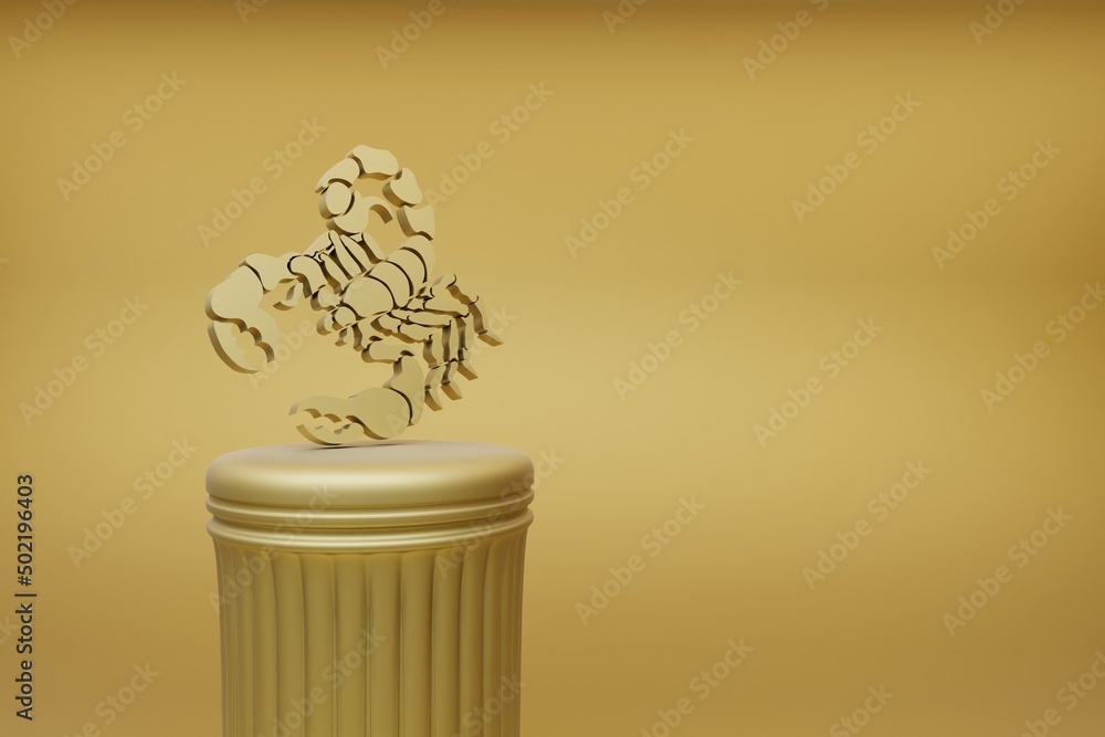 Poster Beautiful abstract illustrations Golden zodiac sign Scorpio symbol icons on a golden column and wonderful background. 3d rendering illustration. Background pattern for design.
