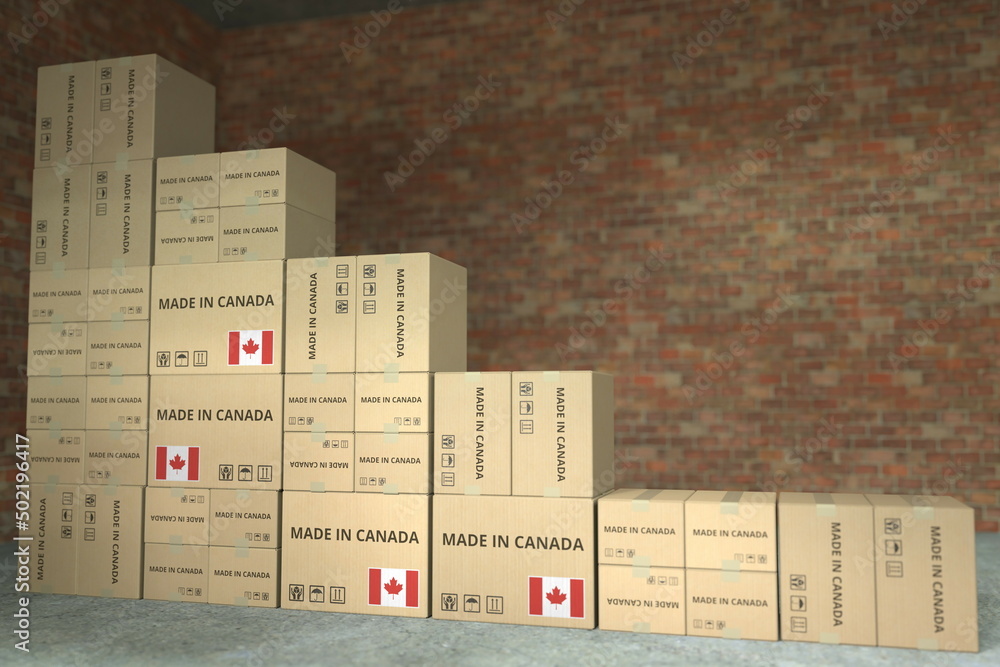 Poster declining bar chart made with boxes with made in canada text. conceptual 3d rendering