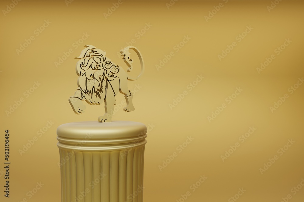 Poster Beautiful abstract illustrations Golden zodiac sign Leo symbol icons on a golden column and wonderful background. 3d rendering illustration. Background pattern for design.