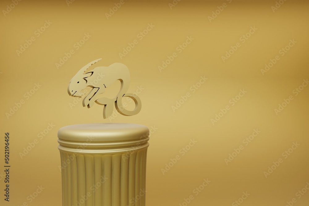 Poster Beautiful abstract illustrations Golden zodiac sign Aries symbol icons on a golden column and wonderful background. 3d rendering illustration. Background pattern for design.