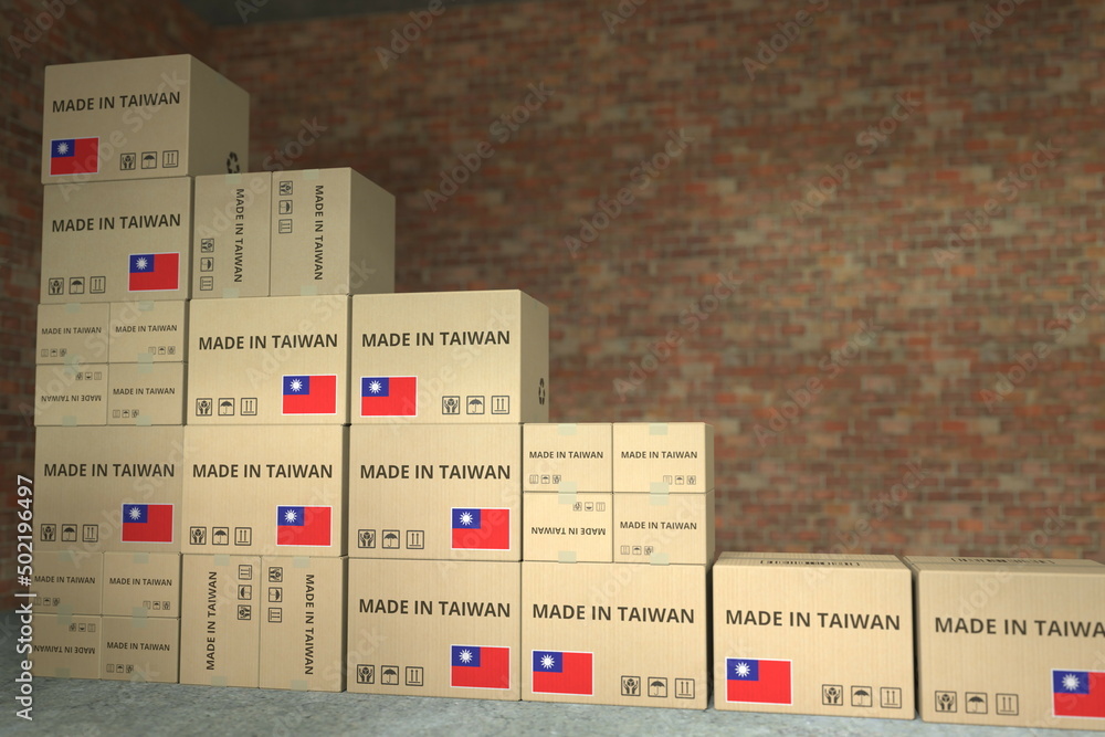 Fototapete boxes with made in taiwan text form a declining bar chart. crisis related conceptual 3d rendering