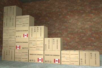 Fototapeta premium Declining bar chart made with boxes with made in Canada text. Conceptual 3D rendering