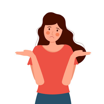 Young woman spread her hands and shrugging her shoulders in flat design on white background, gesture of opps, sorry or do not know.