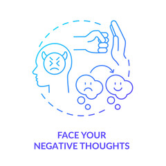Face negative thoughts blue gradient concept icon. Self appreciation abstract idea thin line illustration. Overcoming negative thinking. Isolated outline drawing. Myriad Pro-Bold font used