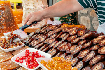 Traditional famous Turkish sweet Walnut Sausage | Cevizli sucuk and Paste with walnut  |  Cevizli...