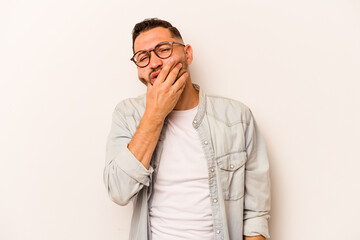 Young hispanic man isolated on white background having a strong teeth pain, molar ache.