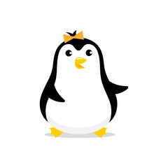 Penguin girl with a bow. Mascot cartoon vector illustration.